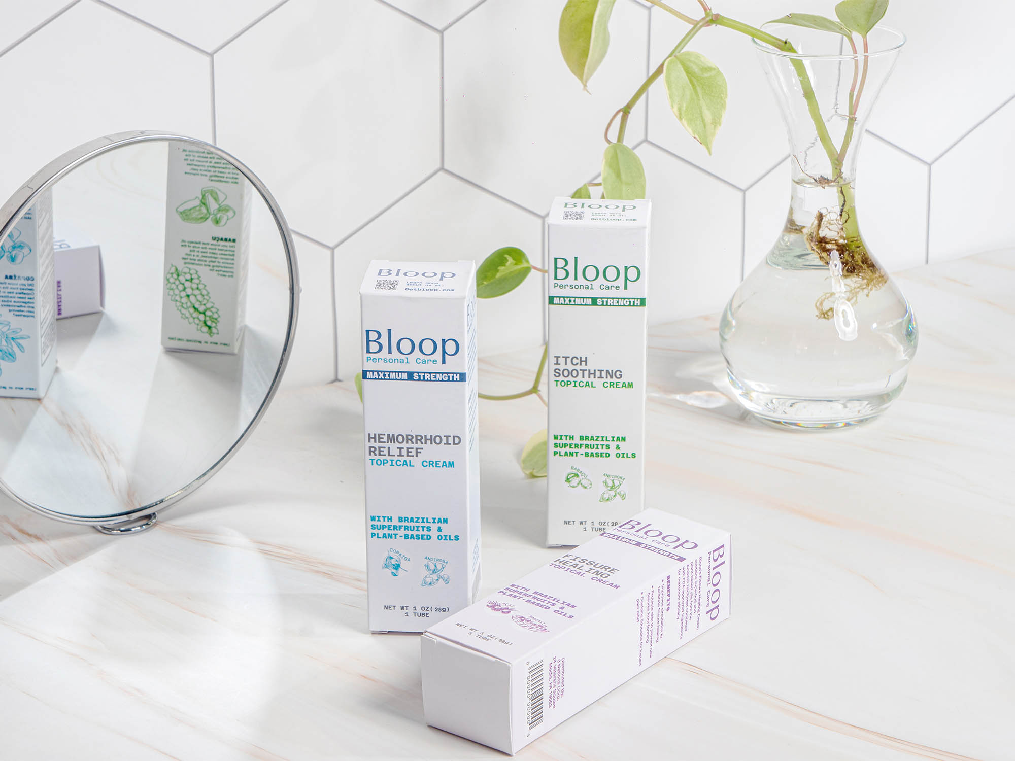bloop 3 products together on bathroom counter